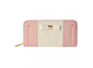 Středně velká růžovo bílá peněženka s mašličkou a zirkonem se zapínáním na zip- 19*10 cm