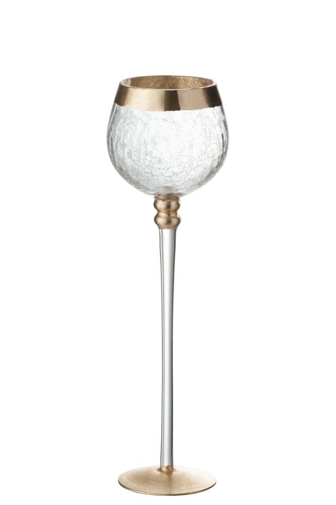 Skleněný svícen na noze s popraskáním Gold - Ø 9*30cm