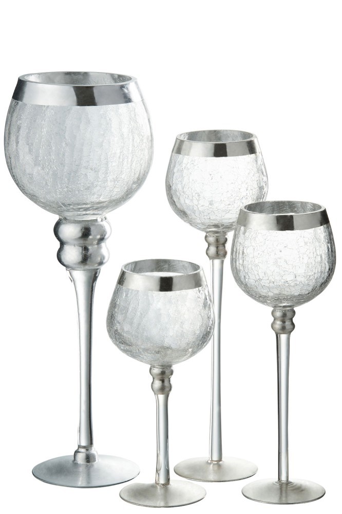 Skleněný svícen na noze s popraskáním Silver - Ø 9*30cm
