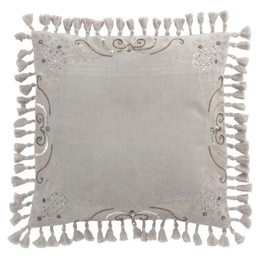 Sametový šedý polštář Moroccan II s třásněmi - 45*45 cm