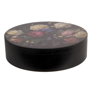 Černý dřevěný úložný box s růžemi - Ø 25*7 cm