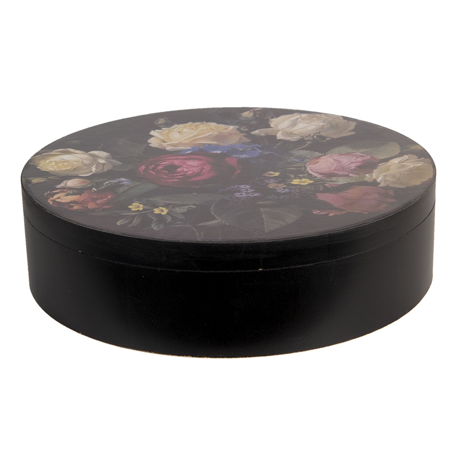 Černý dřevěný úložný box s růžemi - Ø 25*7 cm