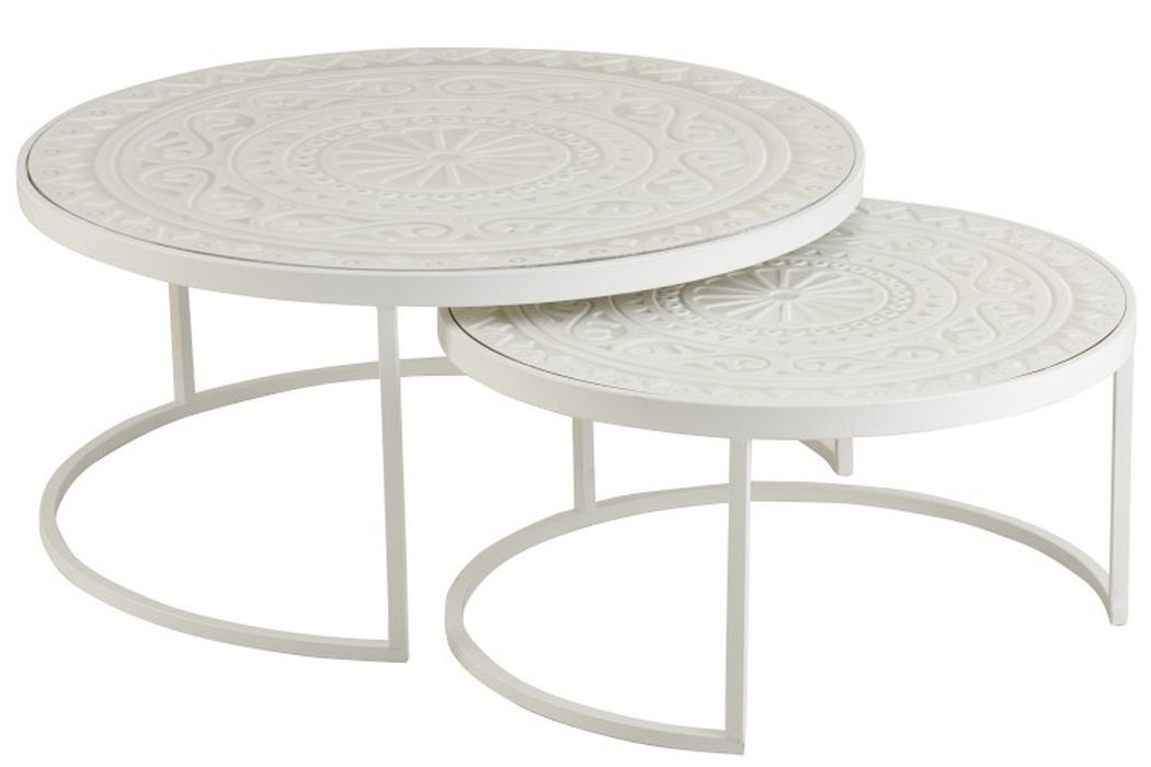 Set 2 bílých kovových stolků s ornamentovou deskou - Ø79*36 cm J-Line by Jolipa