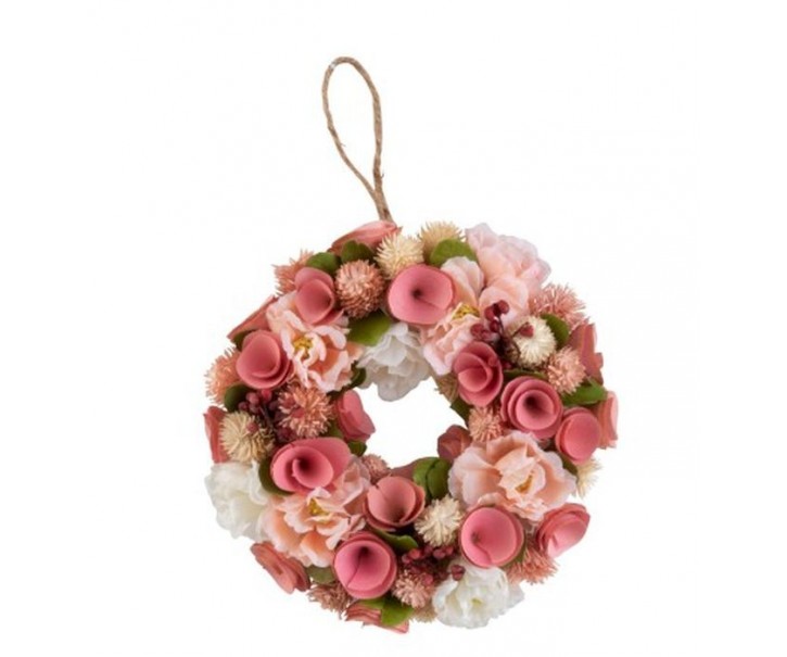 Růžový jarní věnec s květinami - Ø 23*6 cm J-Line by Jolipa
