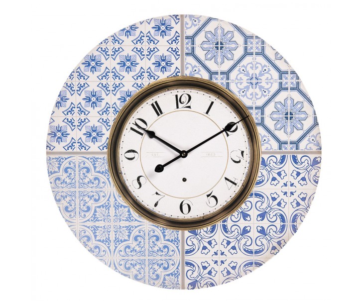 Nástěnné hodiny s potiskem v designu dlaždic s modrými ornamenty – Ø 58*4 cm / 1*AA Clayre & Eef