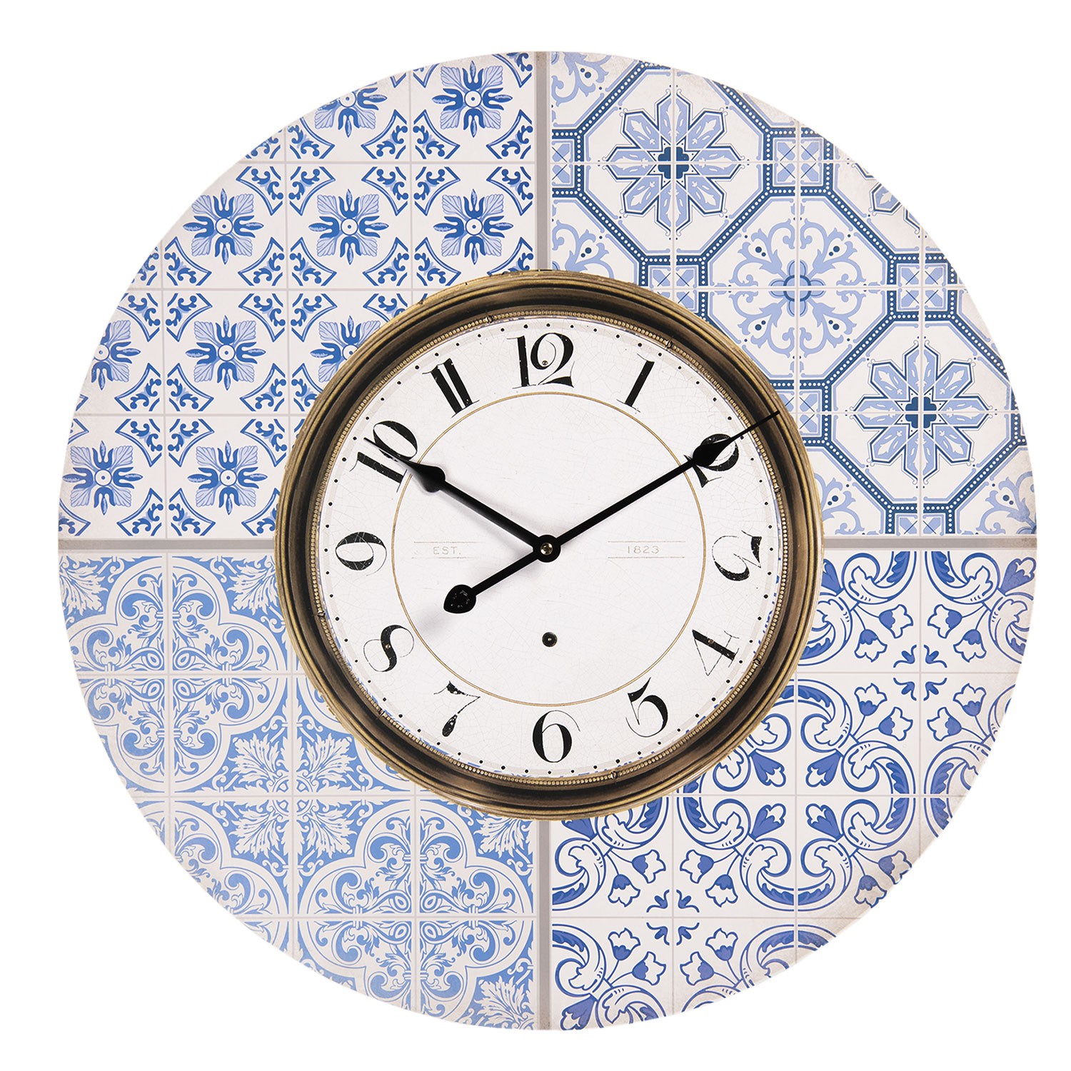 Nástěnné hodiny v designu dlaždic s modrými ornamenty – Ø 58*4 cm / 1*AA