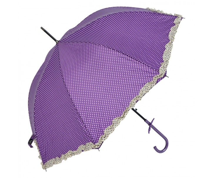 Fialový puntíkatý deštník s béžovým lemem