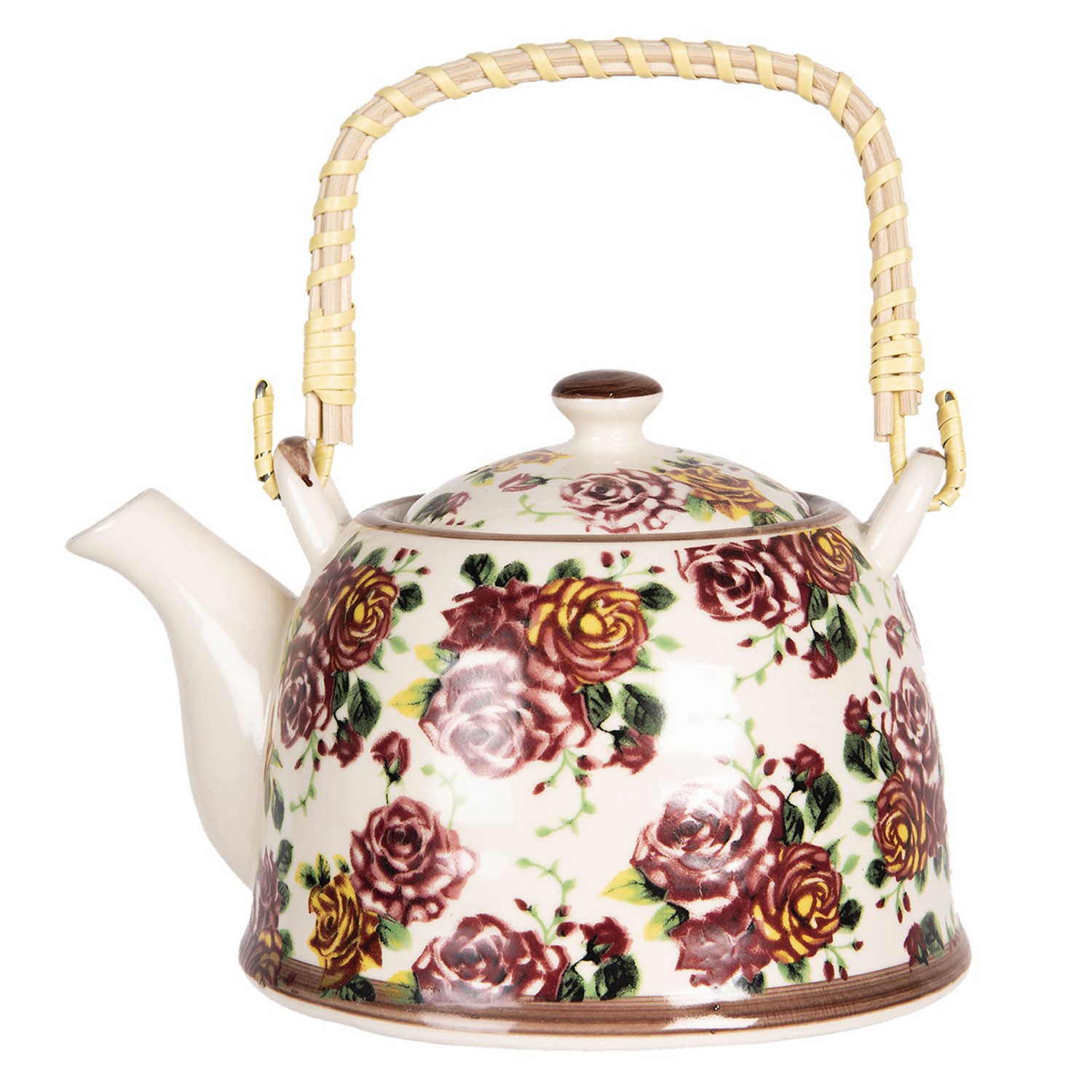 Porcelánová konvička na čaj s květy růží a sítkem - 18*14*12 cm / 0,8L Clayre & Eef