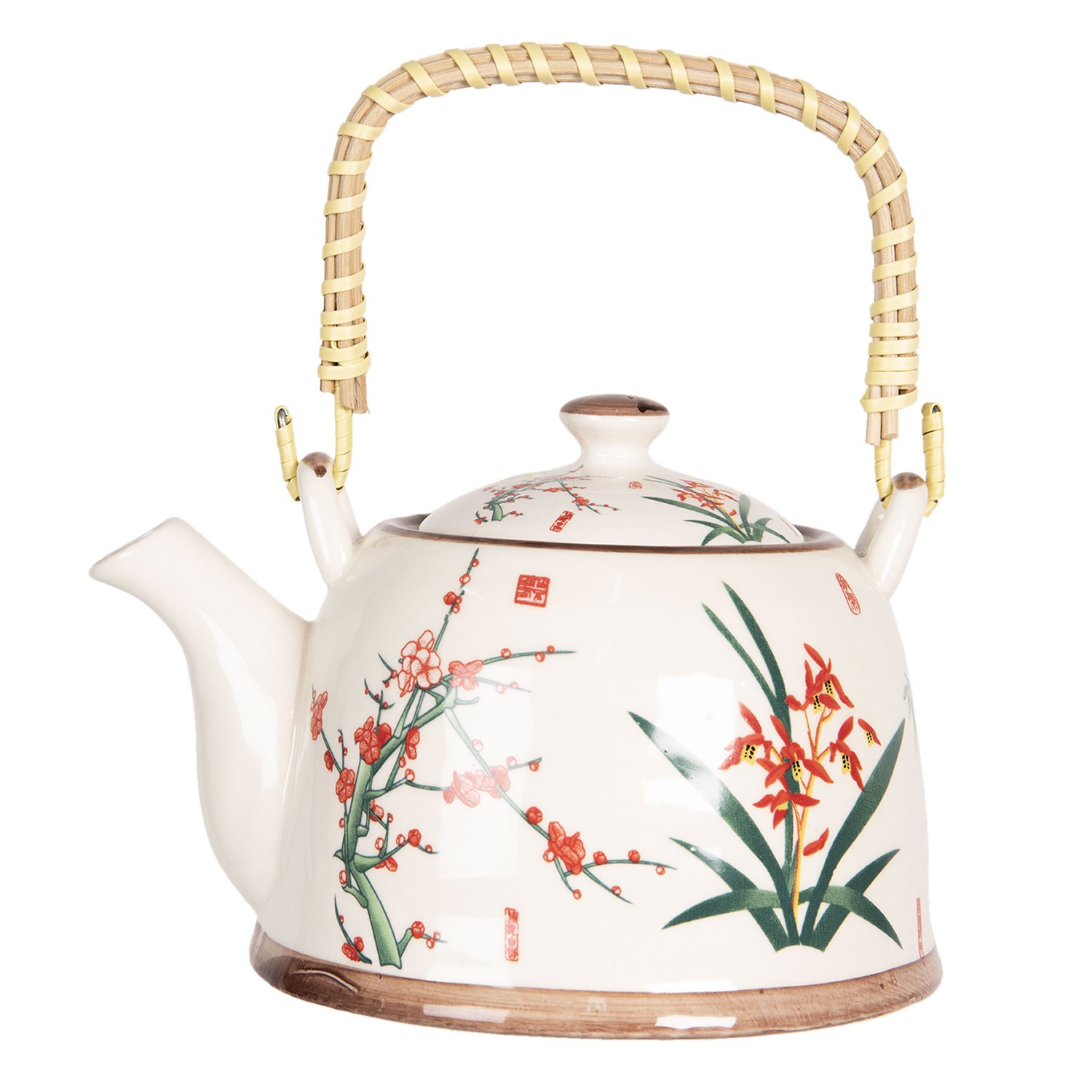 Porcelánová konvička na čaj s japonskými květy a sítkem - 18*14*12 cm / 0,8L Clayre & Eef