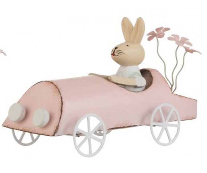 Retro dekorace králíček v růžovém autě - 17*7,5*9,5cm