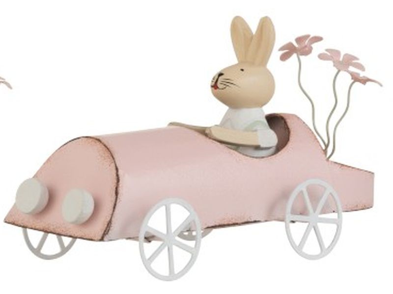Retro dekorace králíček v růžovém autě - 17*7,5*9,5cm 2841růžové