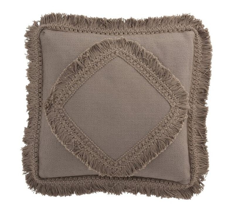 Taupe bavlněný polštář Fransen s třásněmi - 45*45 cm