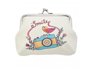 Malá barevná peněženka s malovaným ptáčkem a fotoaparátem.