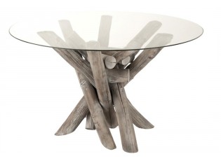 Jídelní kulatý dřevěný stůl se skleněnou deskou Branchy - Ø128*75 cm