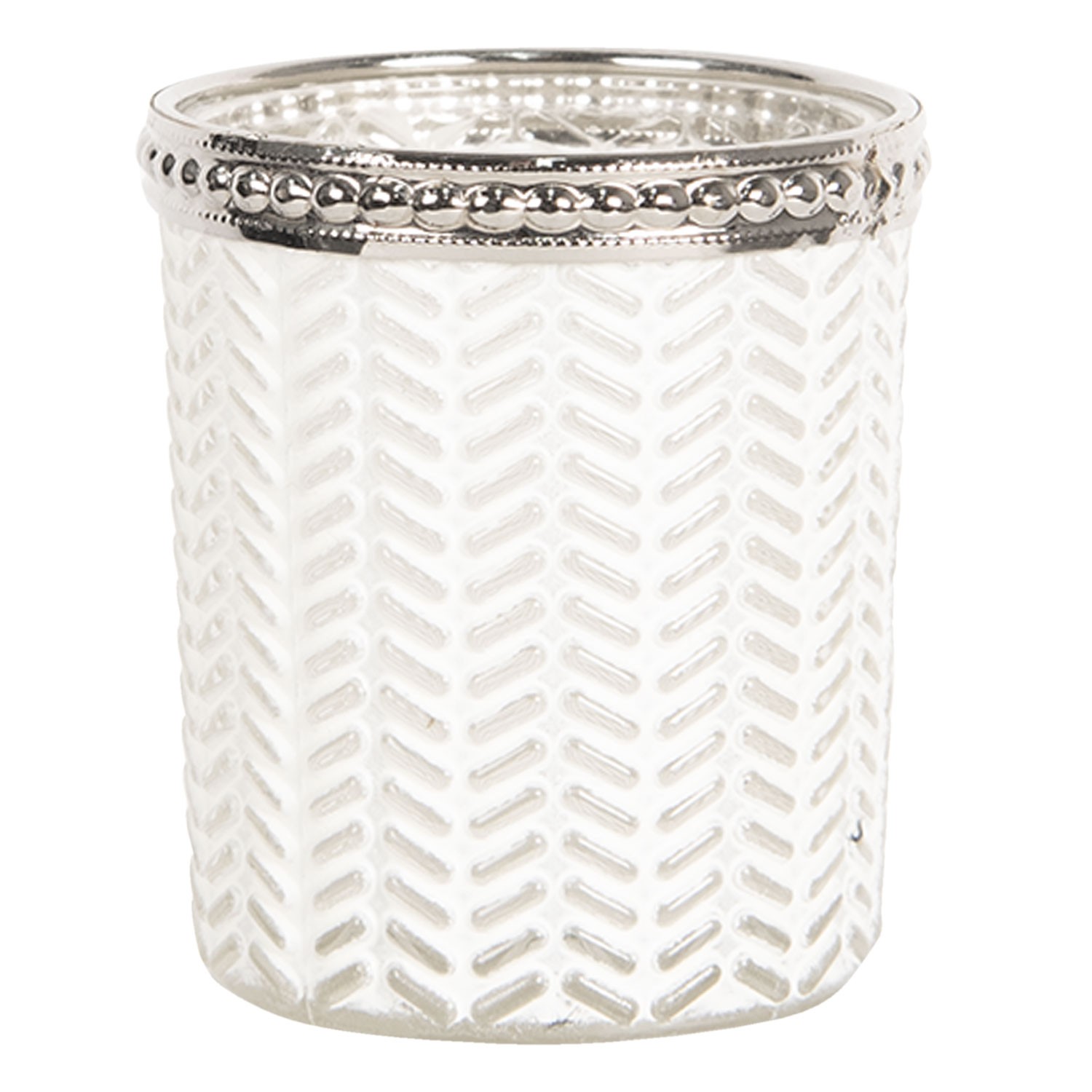 Bílý skleněný svícen na čajovou svíčku s kovovým zdobením - Ø 6*7 cm Clayre & Eef