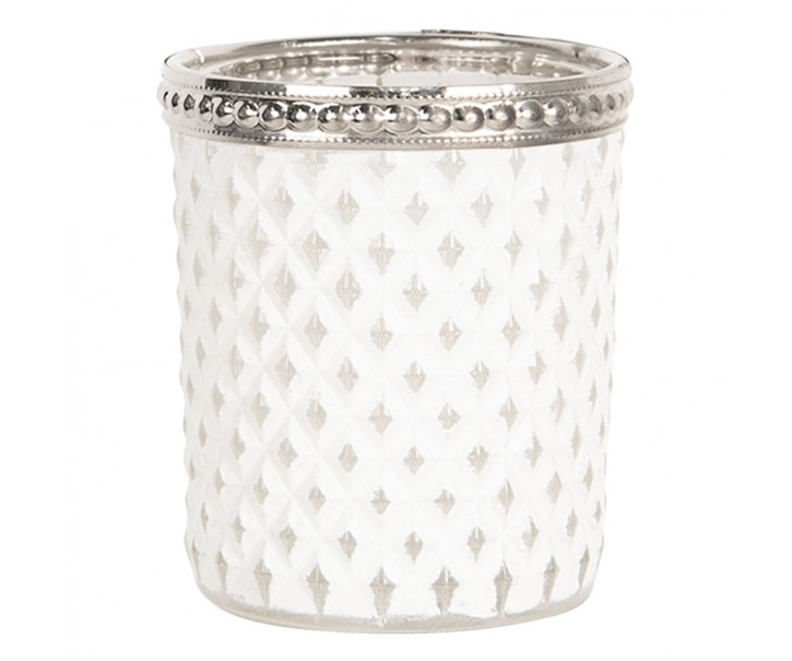 Bílý skleněný svícen na čajovou svíčku s kovovým zdobením.