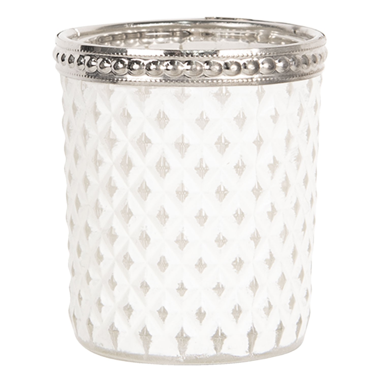 Bílý skleněný svícen na čajovou svíčku s kovovým zdobením - Ø  6*7 cm Clayre & Eef