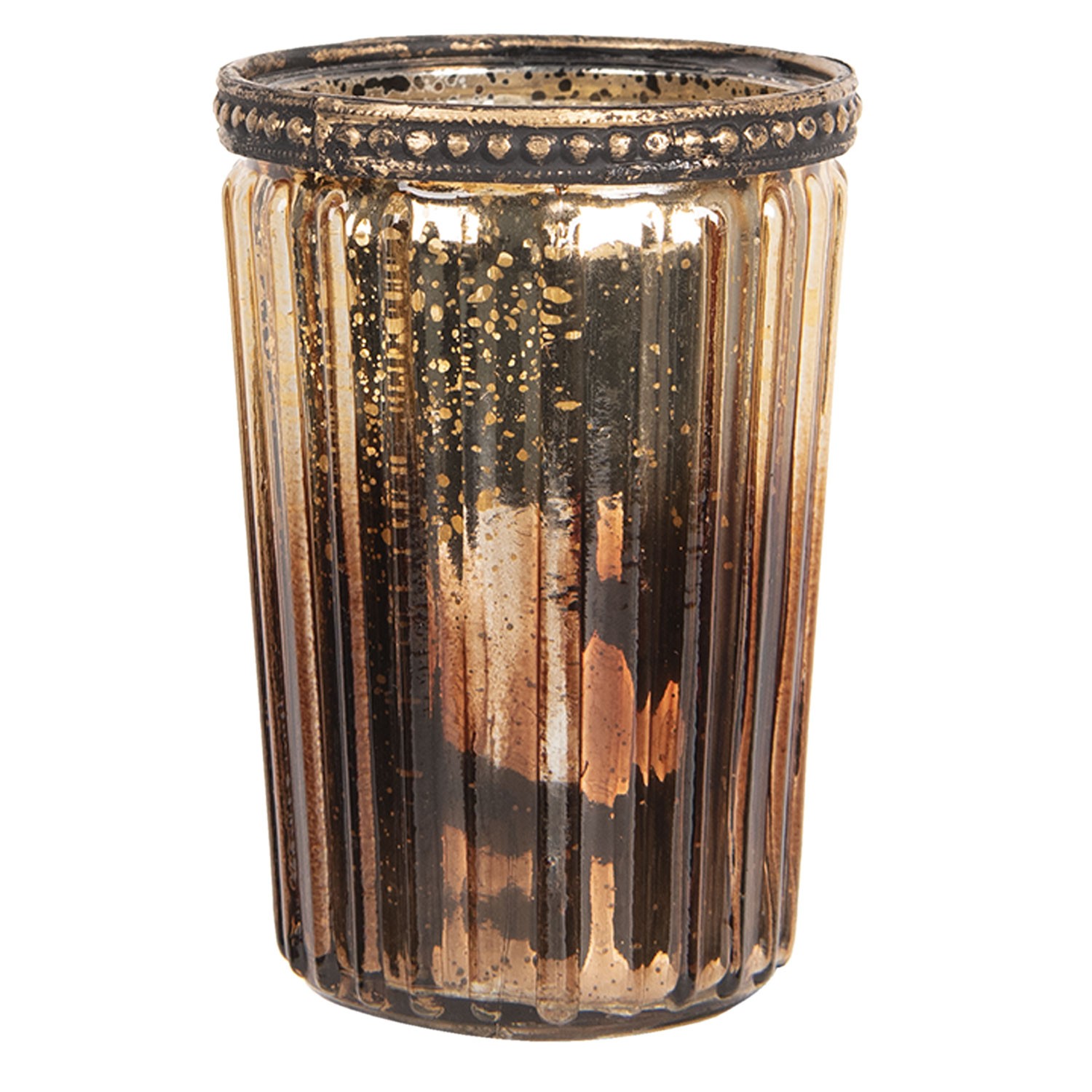 Hnědý skleněný svícen na čajovou svíčku s kovovým zdobením  - Ø  7*10 cm Clayre & Eef