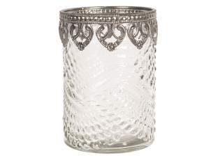 Skleněný transparentní svícen na čajovou svíčku s kovovým zdobením.