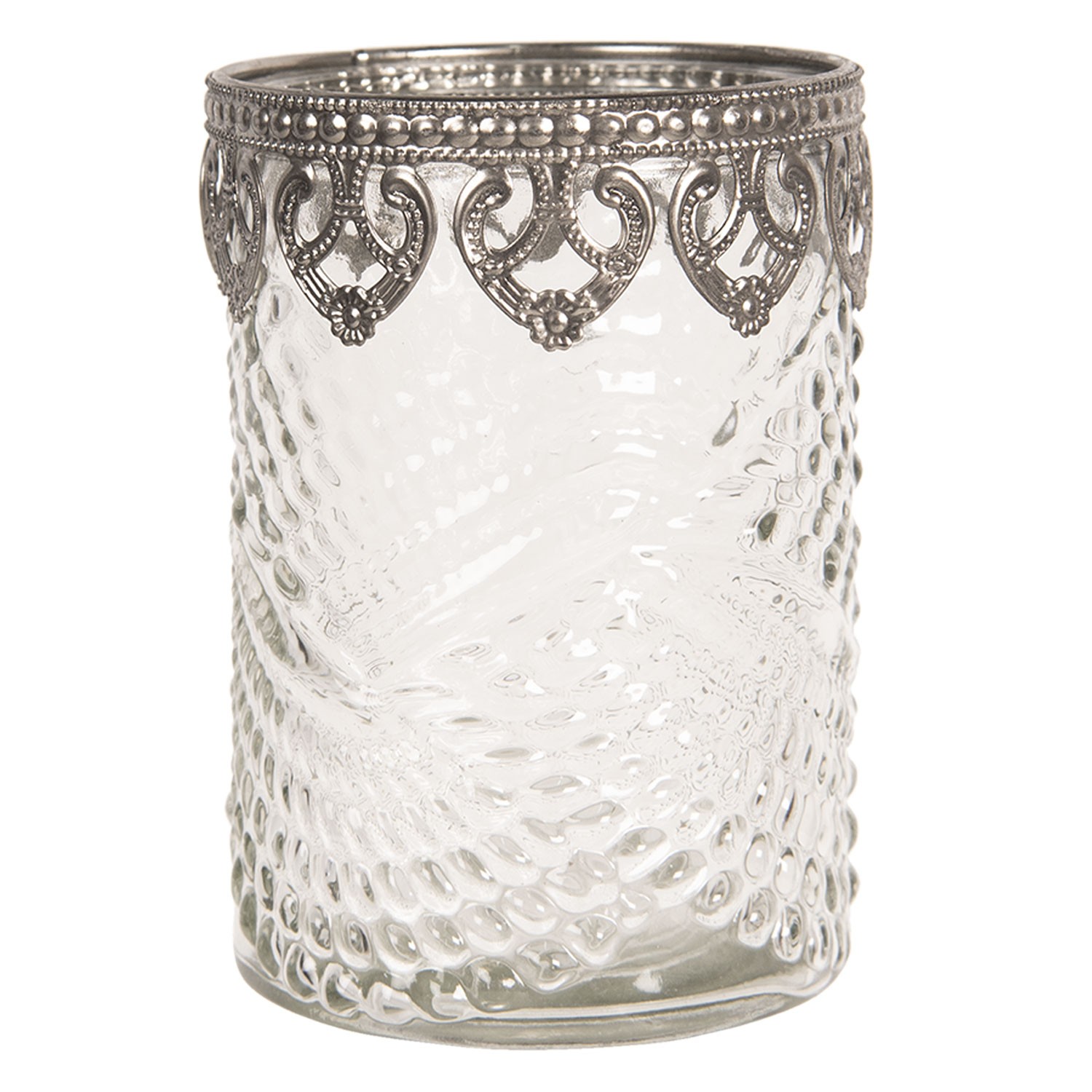 Skleněný transparentní svícen na čajovou svíčku s kovovým zdobením - Ø 8*12 cm Clayre & Eef