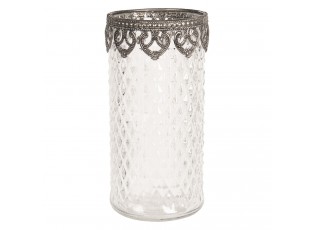 Skleněný transparentní svícen na čajovou svíčku s kovovým zdobením.