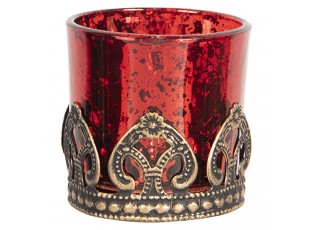 Červený skleněný svícen na čajovou svíčku s kovovým zdobením.