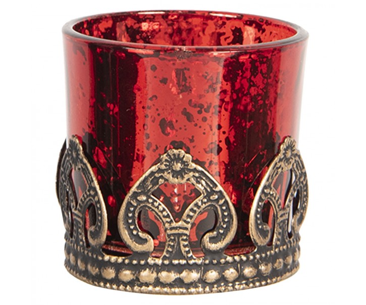 Červený skleněný svícen na čajovou svíčku s kovovým zdobením.