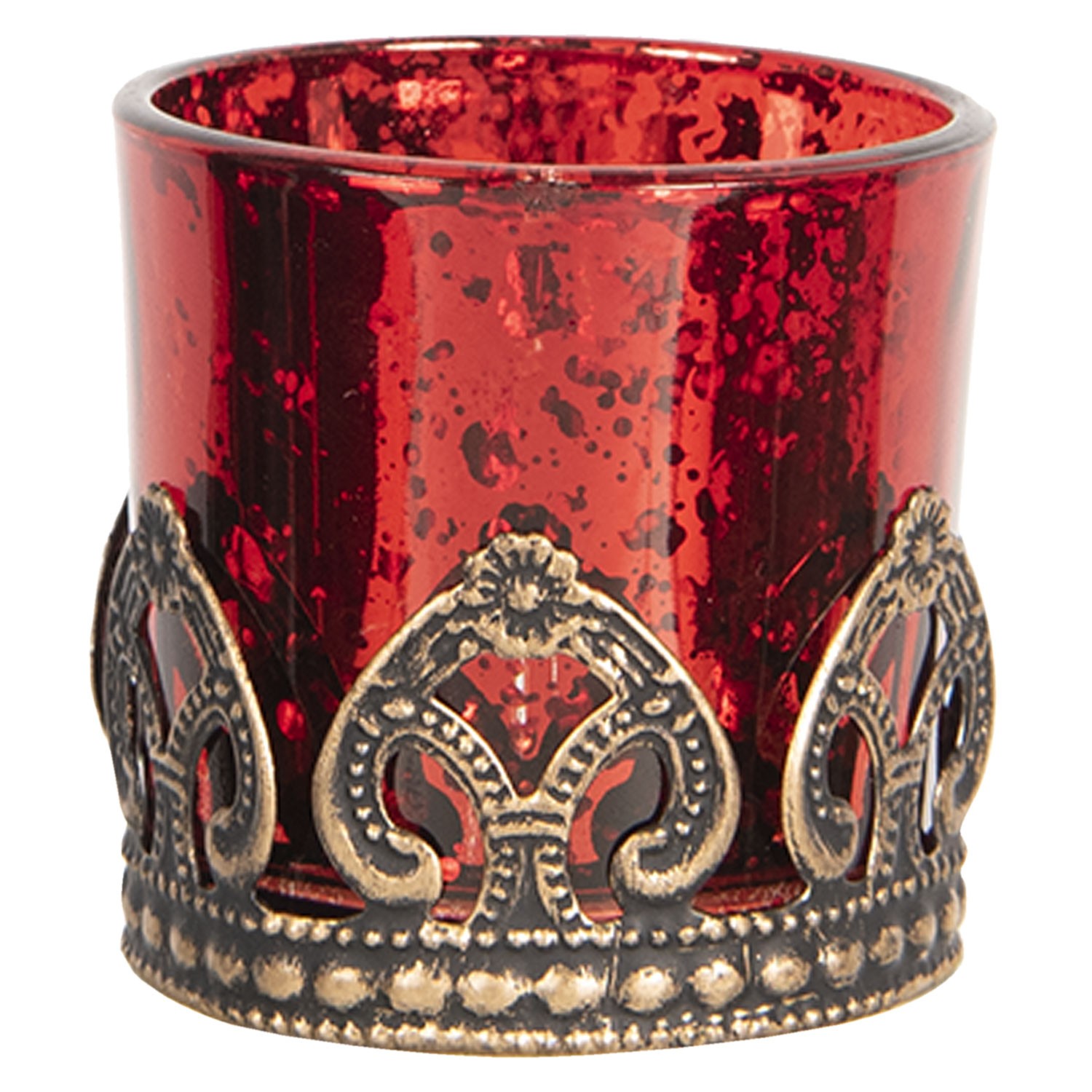 Červený skleněný svícen na čajovou svíčku s kovovým zdobením -Ø  5*5 cm Clayre & Eef