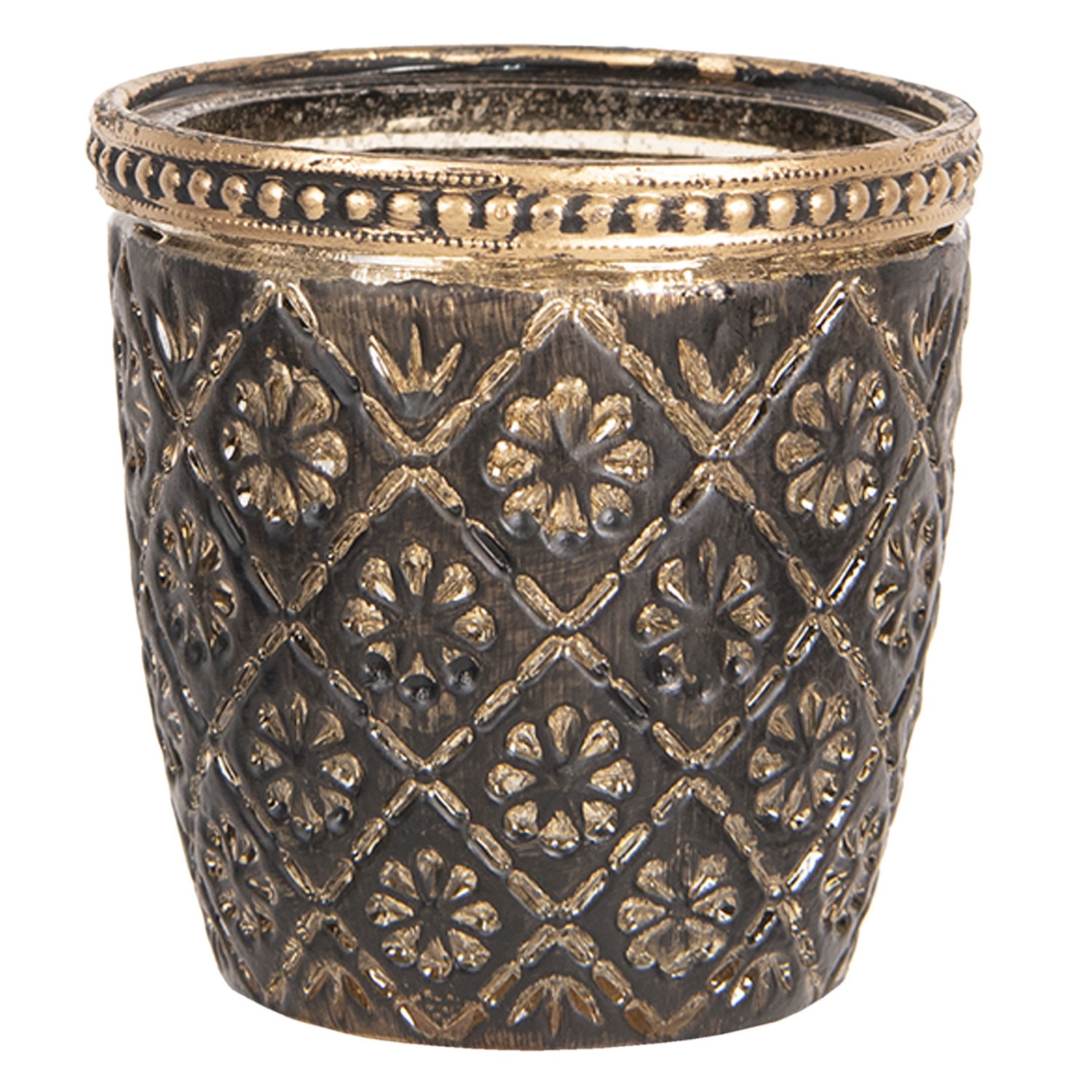 Hnědo černo zlatý skleněný svícen Tealight - 9*9 cm
