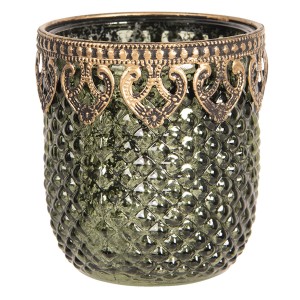 Zeleno zlatý skleněný svícen s patinou Tealight - 8*9 cm