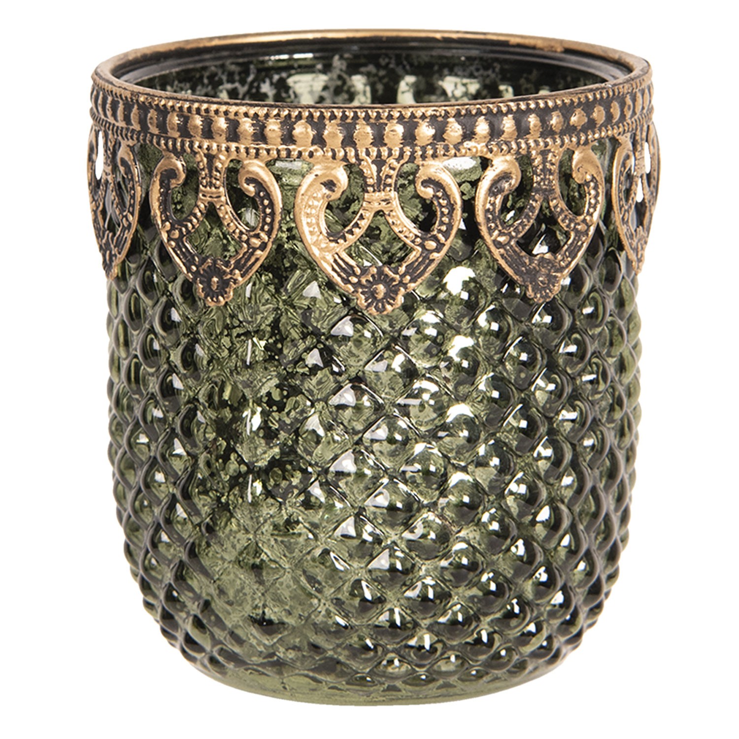 Zeleno zlatý skleněný svícen s patinou Tealight - 8*9 cm