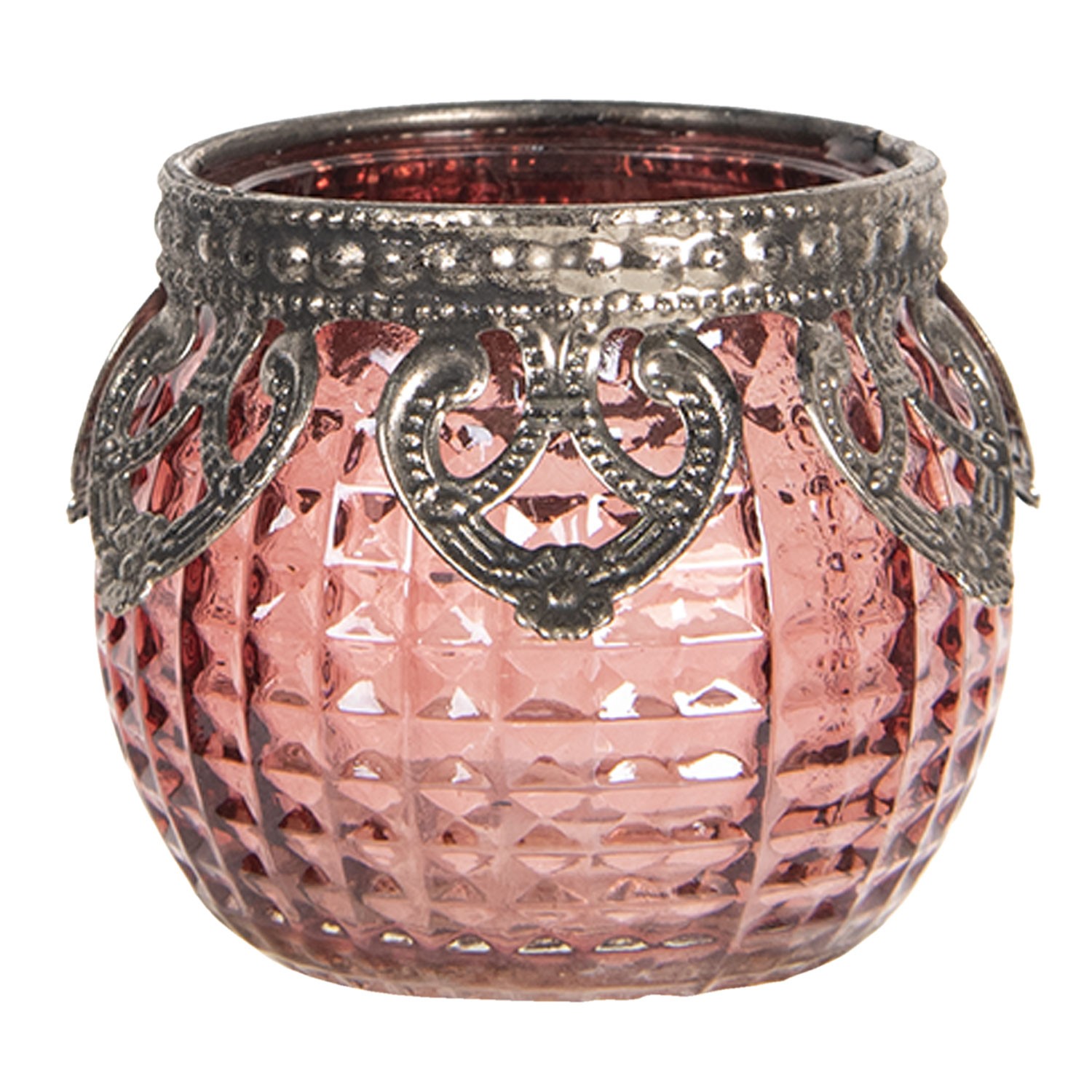 Červený skleněný svícen na čajovou svíčku s kovovým zdobením  -Ø  6*5 cm Clayre & Eef