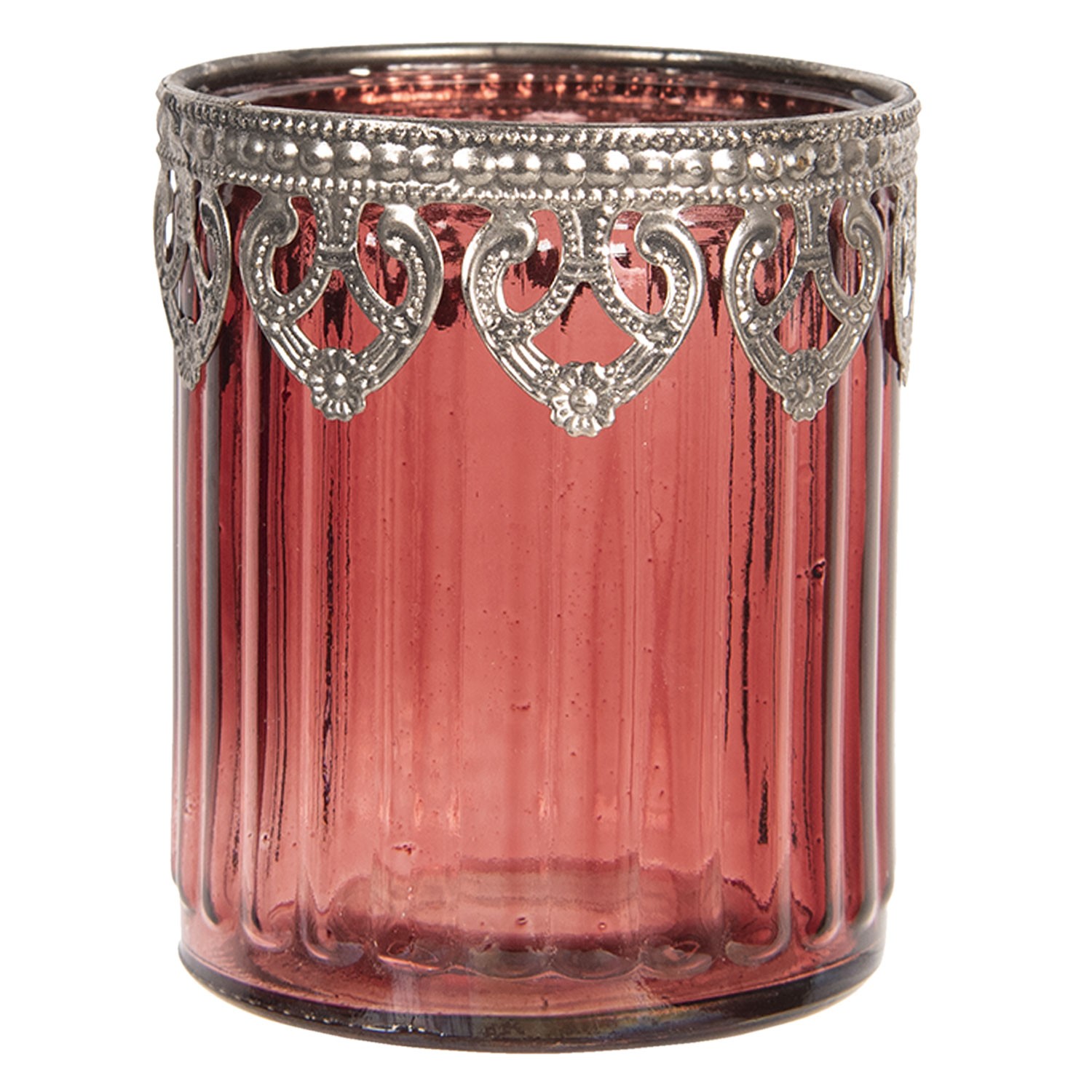Červený skleněný svícen na čajovou svíčku s kovovým zdobením Ø8*9 cm Clayre & Eef