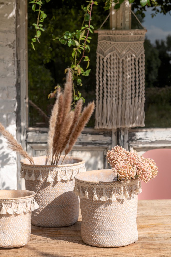 Béžový cementový květináč se střapci Boho S - Ø16*15,5 cm