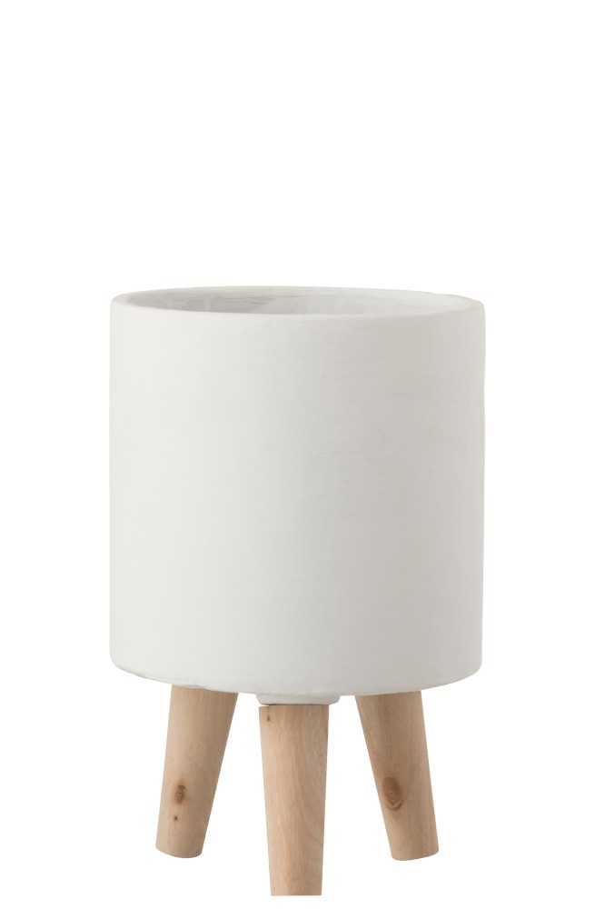 Cementový bílý květináč na dřevěných nožkách - Ø16*24,5 cm J-Line by Jolipa
