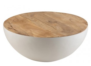Bílý kovový stůl se dřevěnou deskou Mango - Ø 90*38 cm