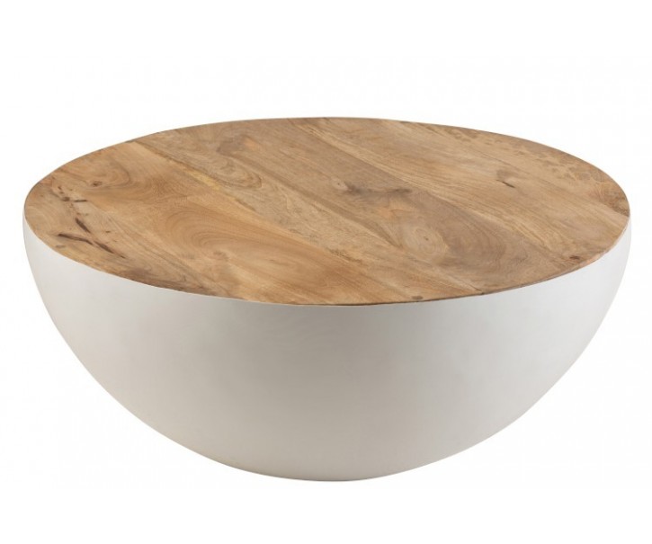 Bílý kovový stůl se dřevěnou deskou Mango - Ø 90*38 cm
