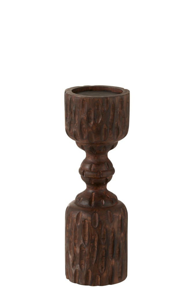 Vyřezávaný tmavě hnědý dřevěný svícen Mango - Ø 10*30 cm J-Line by Jolipa
