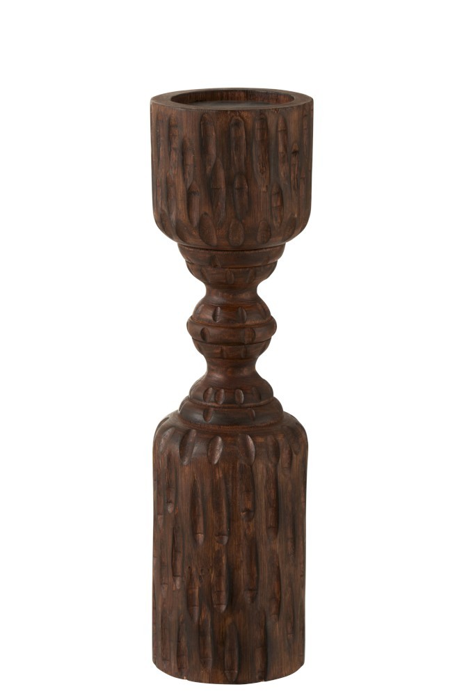 Vyřezávaný tmavě hnědý dřevěný svícen Mango - Ø 10*37 cm J-Line by Jolipa