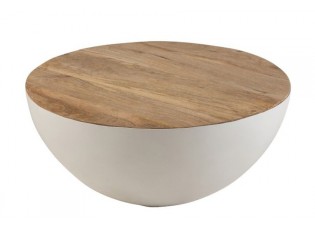 Bílý kovový stůl s dřevěnou deskou Mango - Ø70*31 cm