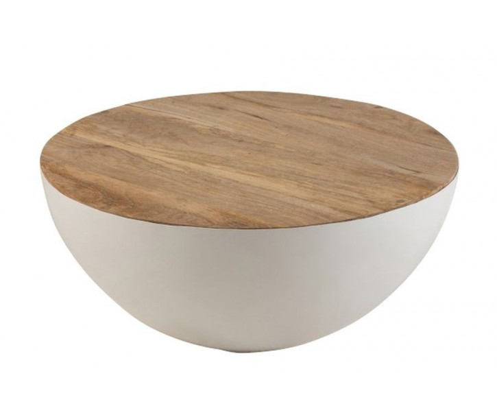 Bílý kovový stůl s dřevěnou deskou Mango - Ø70*31 cm