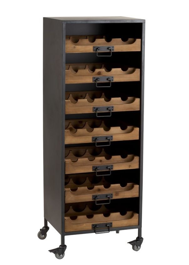 Černá kovová skříň s dřevěnými šuplíky na láhve vína Vine - 43,5*35*120 cm
