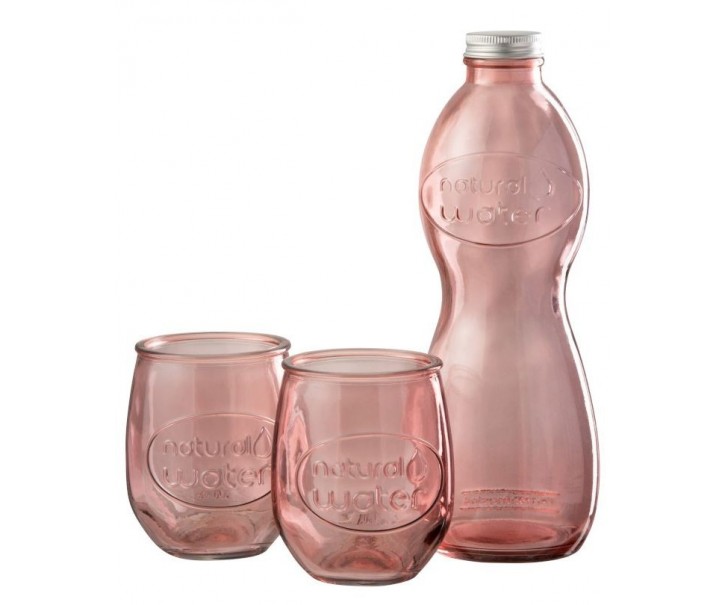 Růžová skleněná láhev a 2skleničky Salmon - Ø 10*26cm