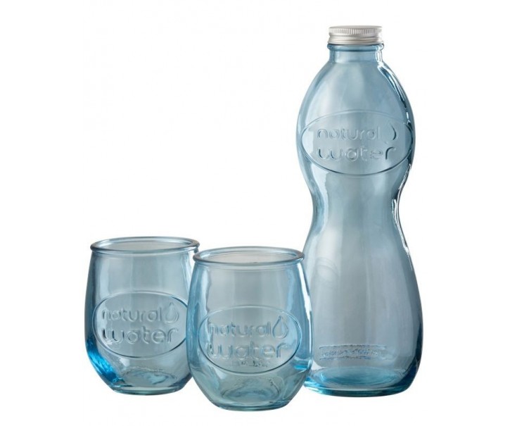 Modrá skleněná láhev a 2skleničky Salmon - Ø 10*26cm