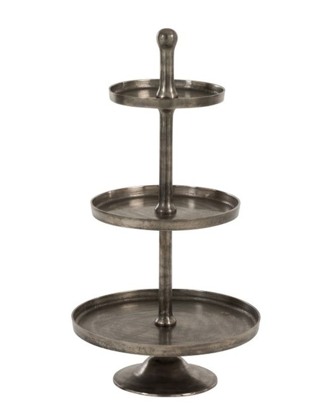 Stříbrný 3-patrový kovový etažér Antique grey - Ø 50*110cm