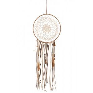 Hnědý lapač snů s korálky a peříčky Boho - Ø 25*78cm