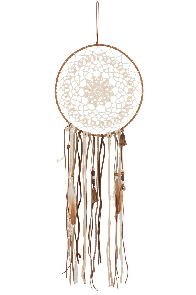 Hnědý lapač snů s korálky a peříčky Boho - Ø 25*78cm