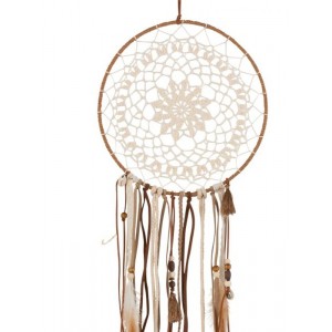 Hnědý lapač snů s korálky a peříčky Boho - Ø 25*78cm