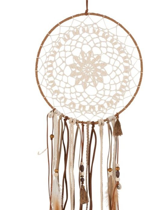 Hnědý lapač snů s korálky a peříčky Boho - Ø 25*78cm