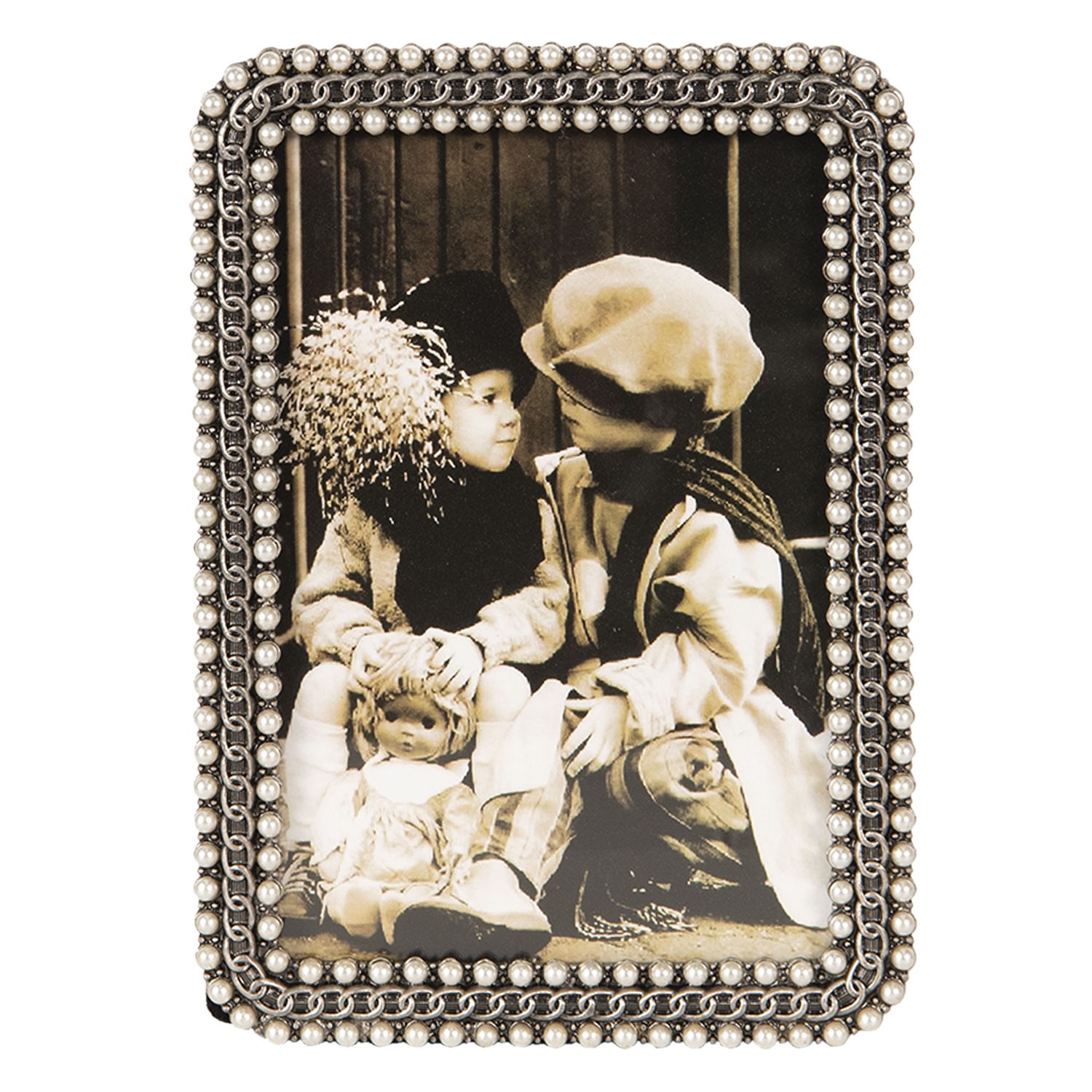 Stříbrný vintage rámeček na fotografie s perličkami - 17*2*12 / 10*15 cm Clayre & Eef